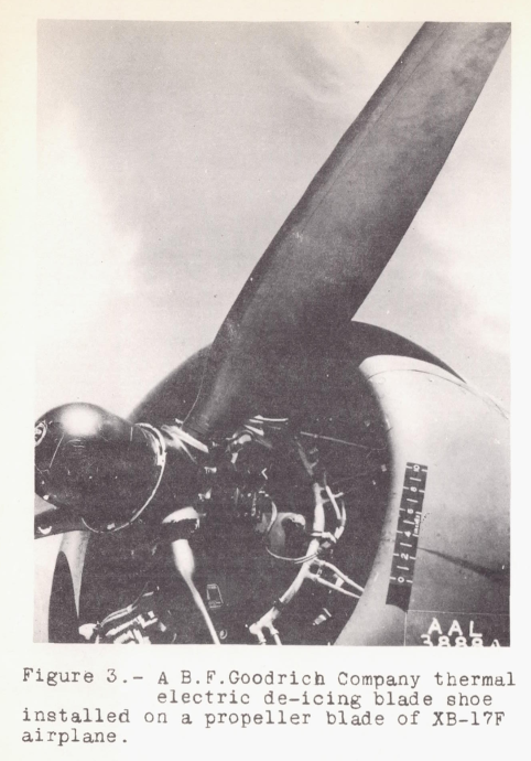 Figure 3. A B. F. Goodrich Company thermal
electric de-icing blade shoe
installed on a propeller blade of XB-17F
airplane.
There is a hub generator, 
blade shank slip-ring assemblies, and the heated blade shoes
